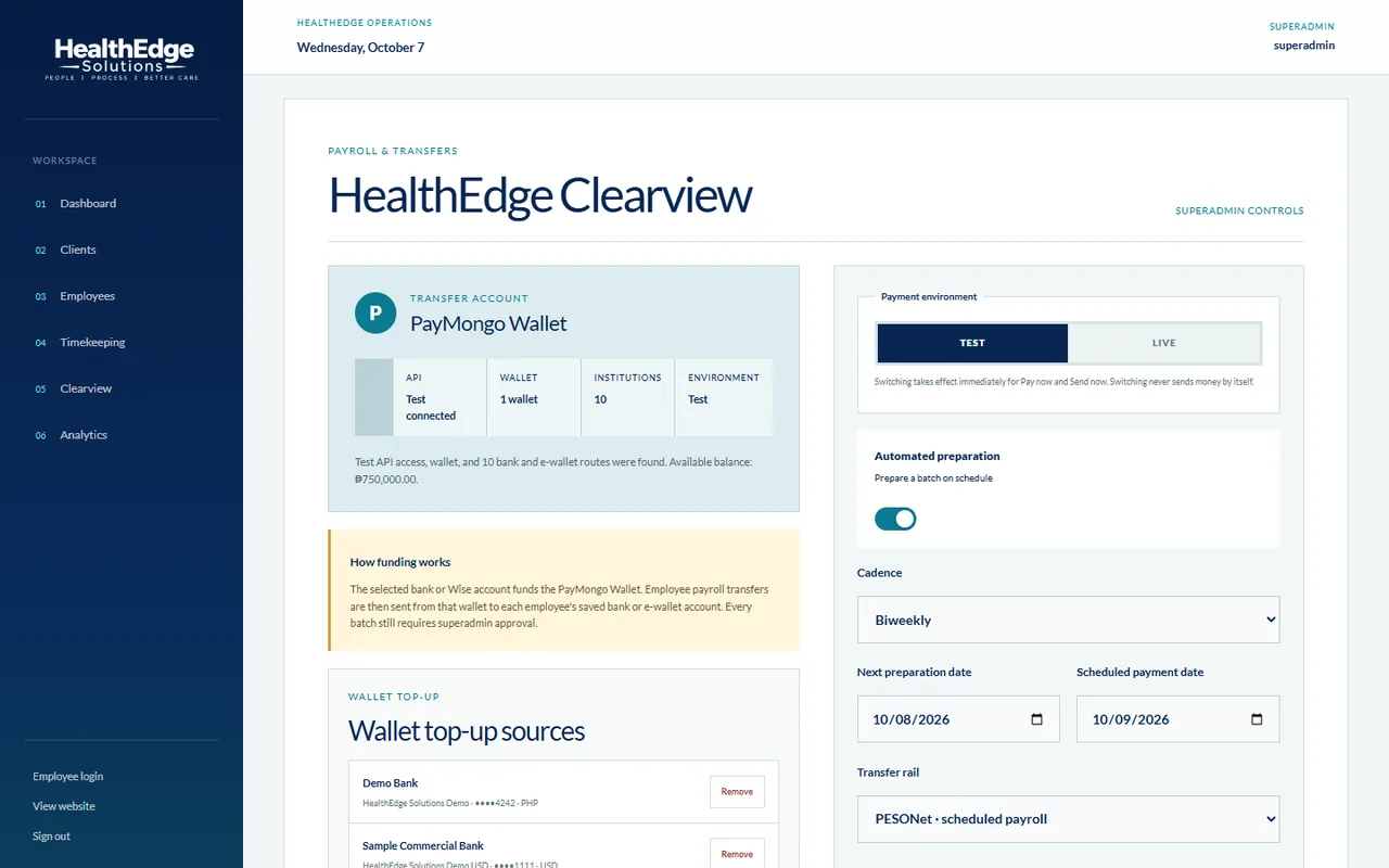 Clearview, the payroll section: PayMongo wallet in sandbox mode, how funding works, top-up sources and the payment schedule.
