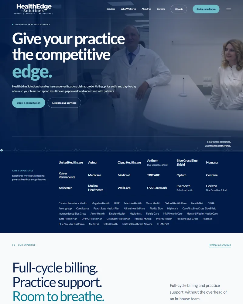 Full-page capture of the HealthEdge Solutions homepage on desktop.