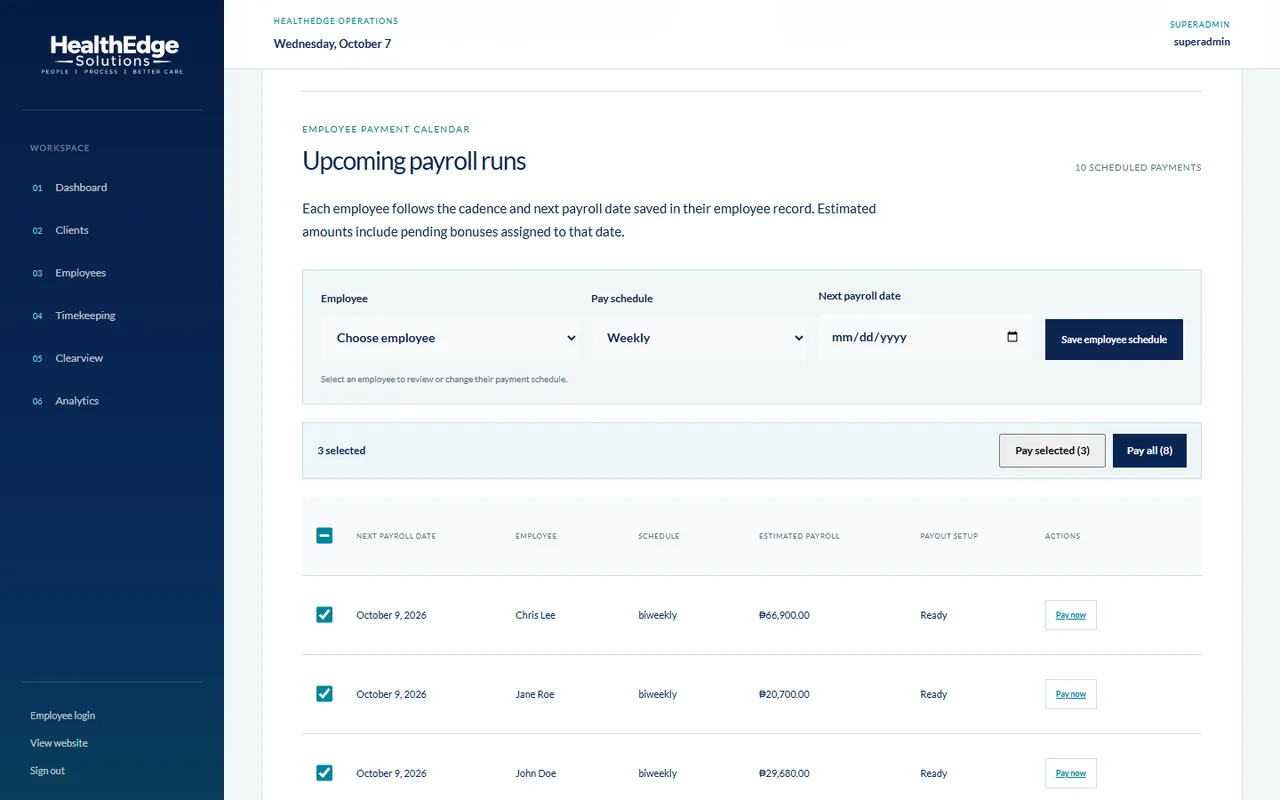 Upcoming payroll runs with demo employees selected and the Pay selected and Pay all buttons.