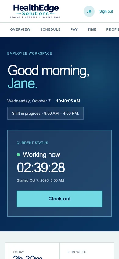 The same employee workspace on a phone, with the live timer and clock-out button.