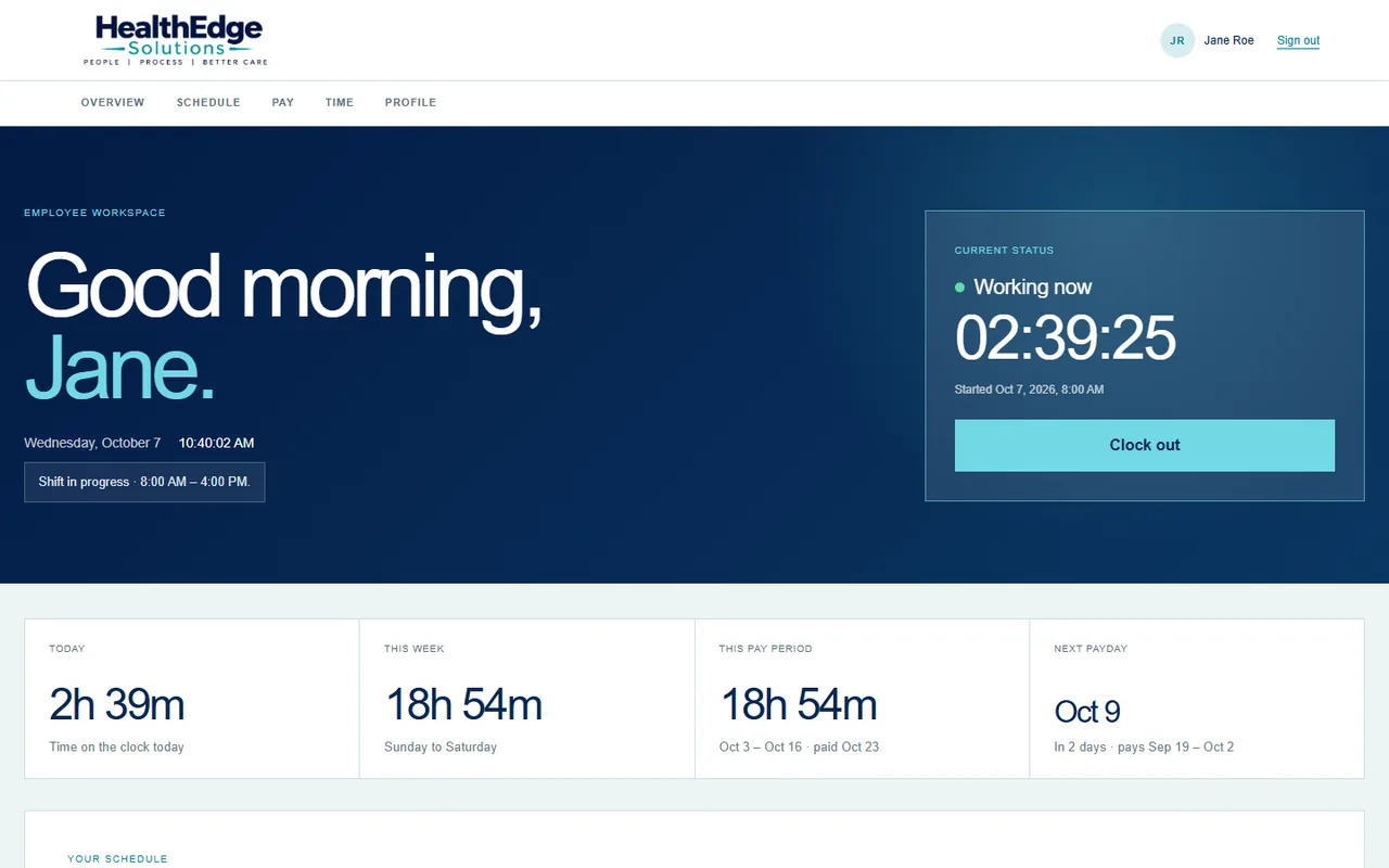 The employee workspace for a demo employee, Jane Roe: a live clock-in timer, clock-out button and hours this week.