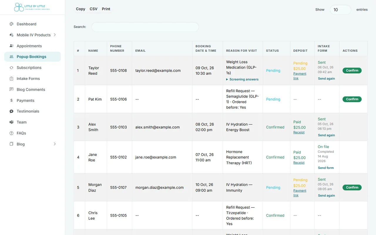 The clinic admin panel, Popup Bookings: demo patients with booking times, deposit status, intake form status and confirm buttons.