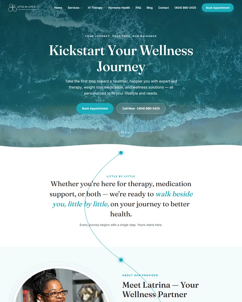 Full-page capture of the Little By Little Wellness Clinic homepage on desktop.