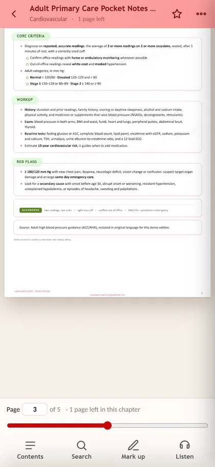 The same demo book on a phone, with page controls, contents, search, mark-up and listen.