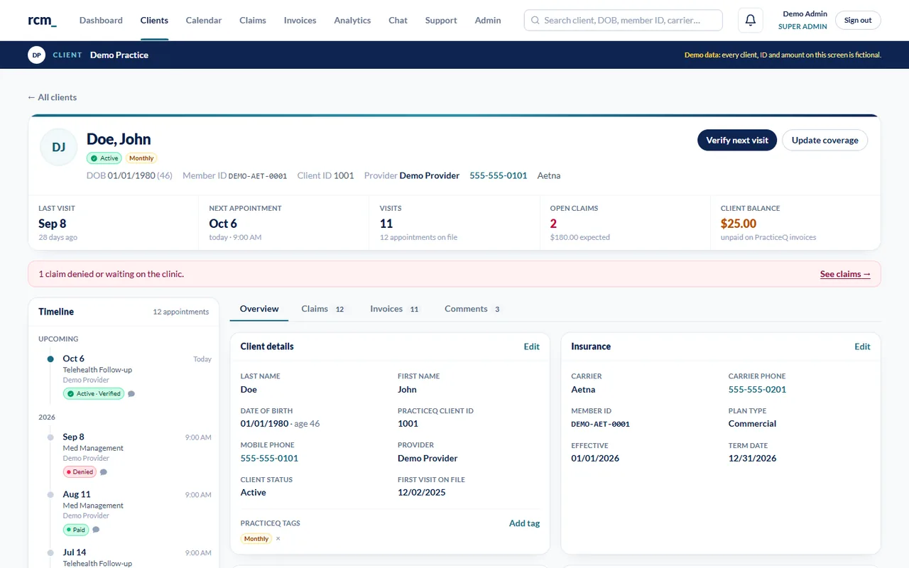 A demo client profile for John Doe: visit timeline, open claims, client details and insurance.
