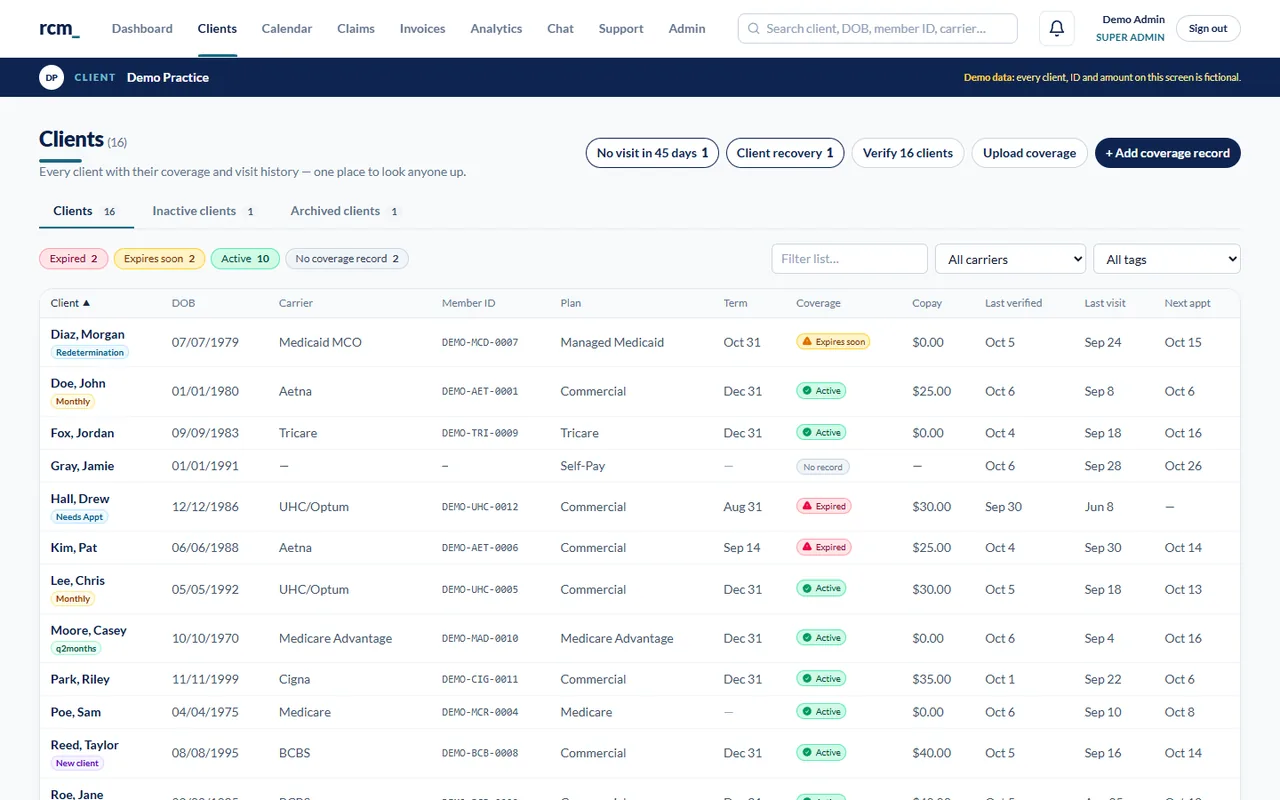 The clients list: demo clients with date of birth, carrier, demo member ID, plan and coverage status.